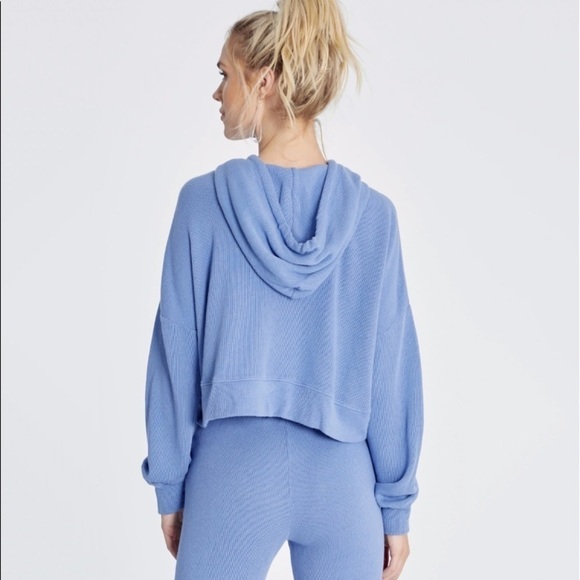 NWT Wildfox Trenton Cropped Knit Hoodie Dusk Blue - Picture 2 of 6